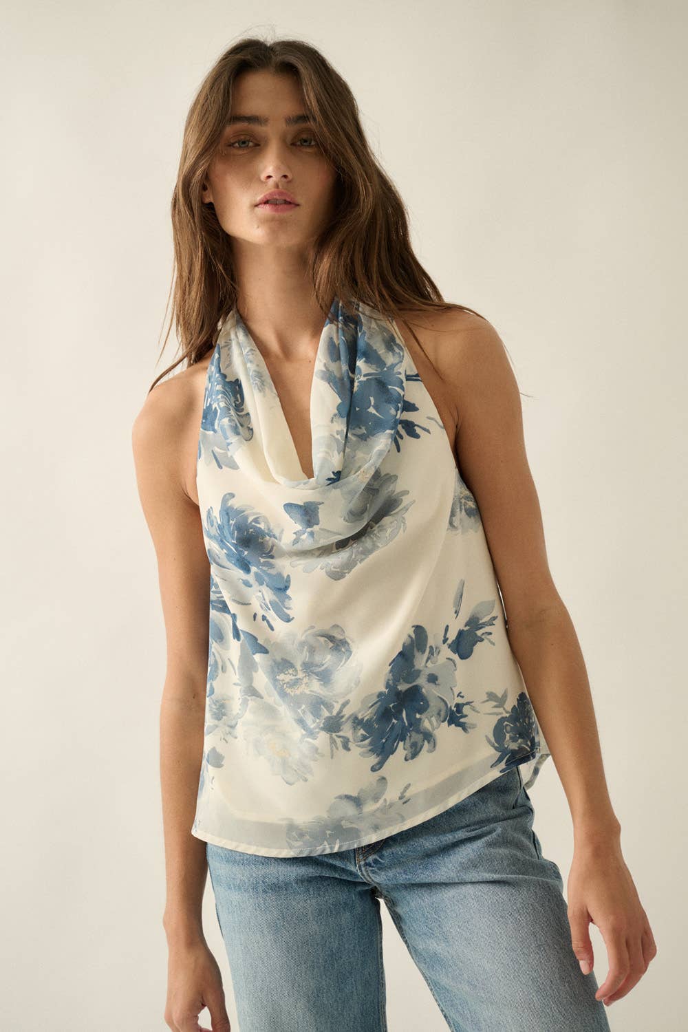 Floral Chiffon Cowl-Neck Open-Back Halter Blouse